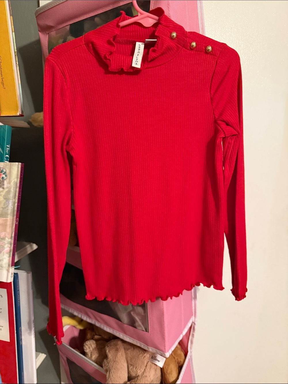 Janie and Jack Red Ruffled Neck Long Sleeve Ribbed Top